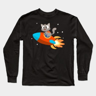 Cute cat riding on rocket - funny cat design Long Sleeve T-Shirt